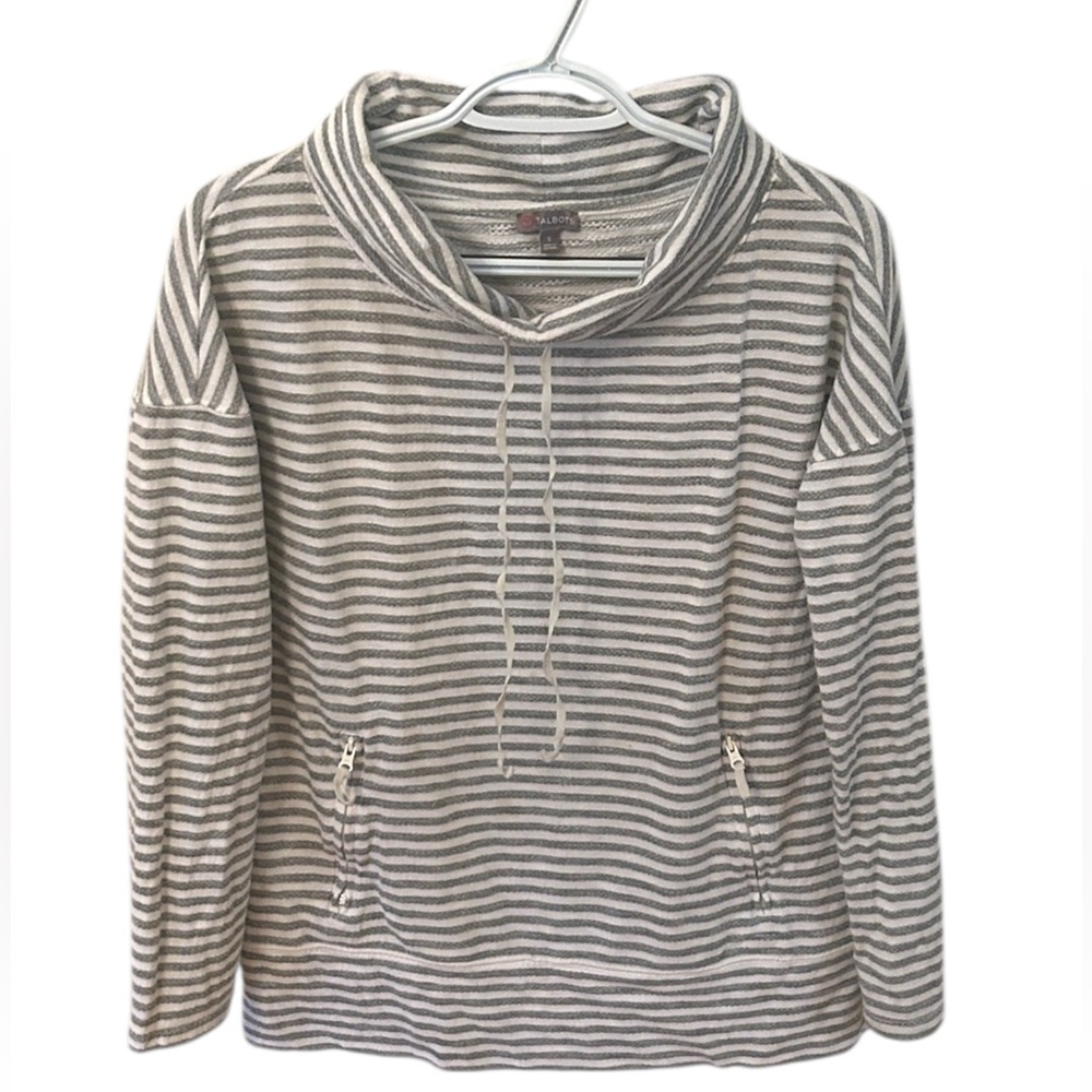 Talbots White Grey Stripe Drawstring Cowl Neck Pocket Pullover Women Size Small